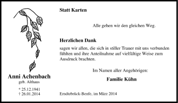 Traueranzeige von Anni Achenbach von Tageszeitung