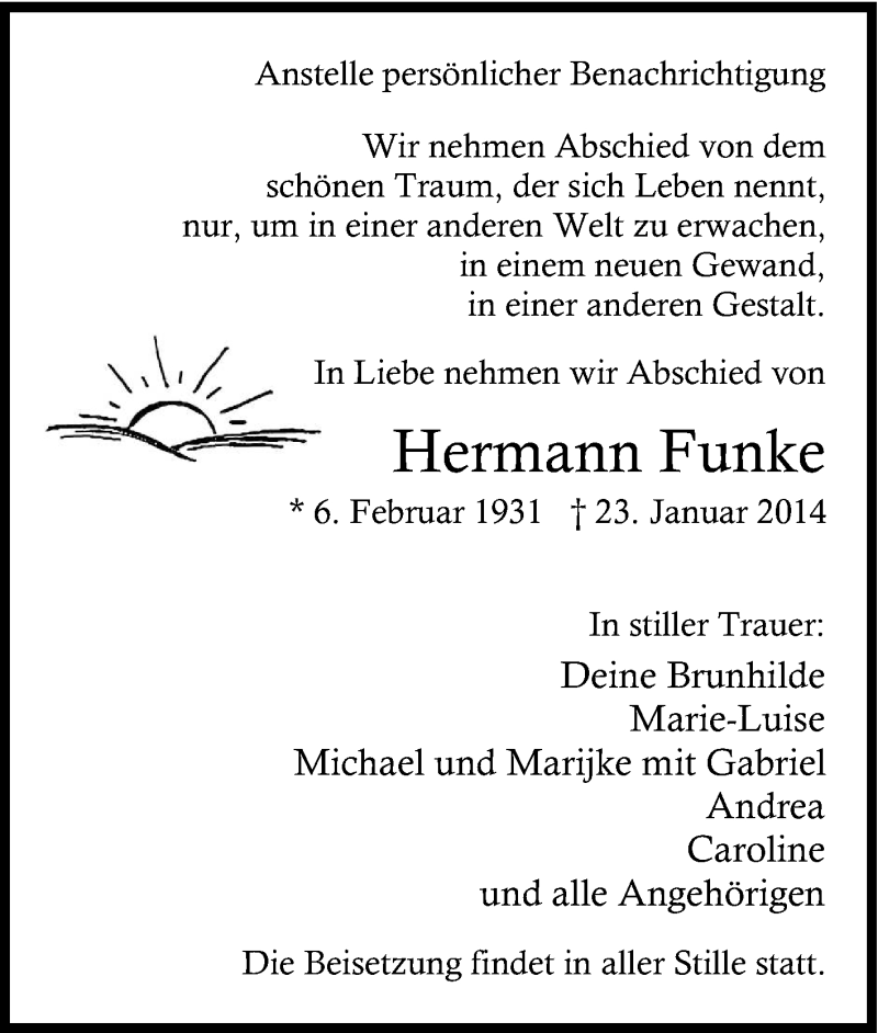  Traueranzeige für Hermann Funke vom 29.01.2014 aus Tageszeitung