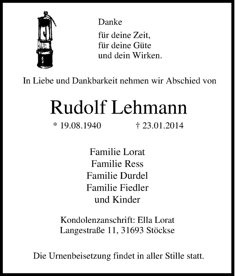  Traueranzeige für Rudolf Lehmann vom 29.01.2014 aus Tageszeitung