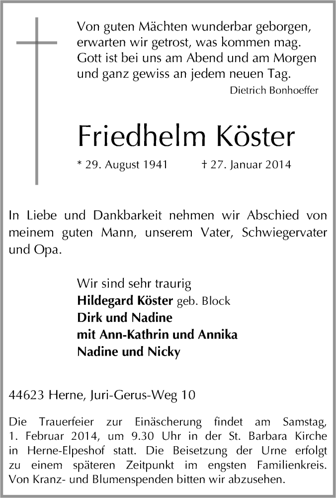  Traueranzeige für Friedhelm Köster vom 30.01.2014 aus Tageszeitung