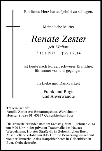 Traueranzeige von Renate Zester von Tageszeitung