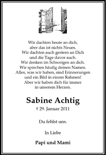 Traueranzeige von Sabine Achtig von Tageszeitung
