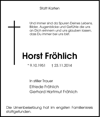 Traueranzeige von Horst Fröhlich von Tageszeitung