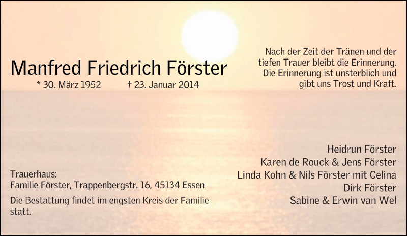  Traueranzeige für Manfred Friedrich Förster vom 01.02.2014 aus Tageszeitung