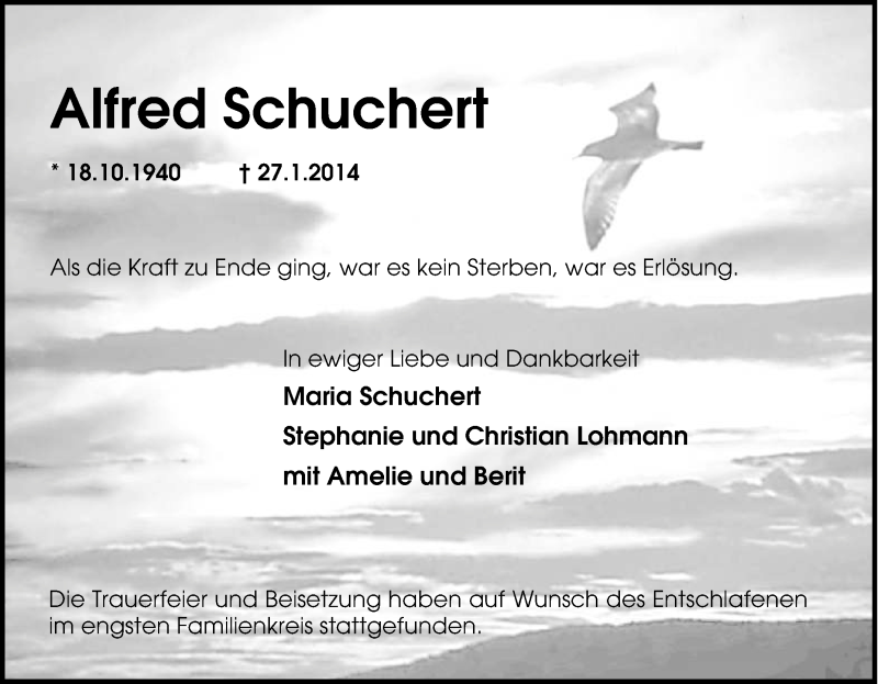  Traueranzeige für Alfred Schuchert vom 15.02.2014 aus Tageszeitung
