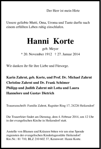 Traueranzeige von Hanni Korte von Tageszeitung