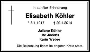 Traueranzeige von Elisabeth Köhler von Tageszeitung
