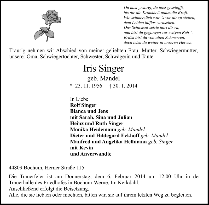  Traueranzeige für Iris Singer vom 01.02.2014 aus Tageszeitung