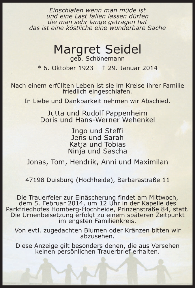  Traueranzeige für Margret Seidel vom 03.02.2014 aus Tageszeitung