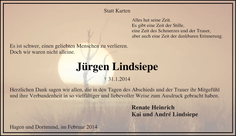  Traueranzeige für Jürgen Lindsiepe vom 05.02.2014 aus Tageszeitung