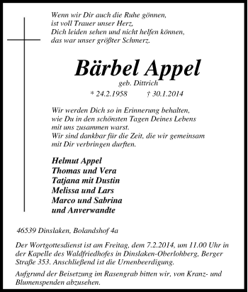 Traueranzeige von Bärbel Appel von Tageszeitung