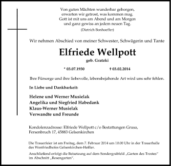 Traueranzeige von Elfriede Wellpott von Tageszeitung