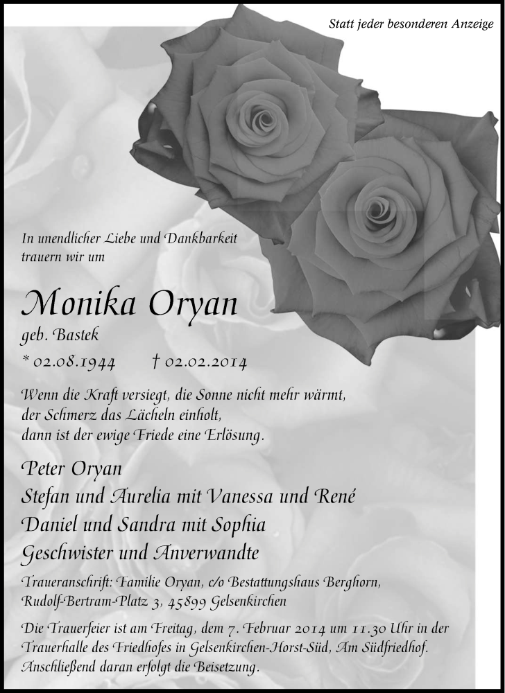  Traueranzeige für Monika Oryan vom 05.02.2014 aus Tageszeitung