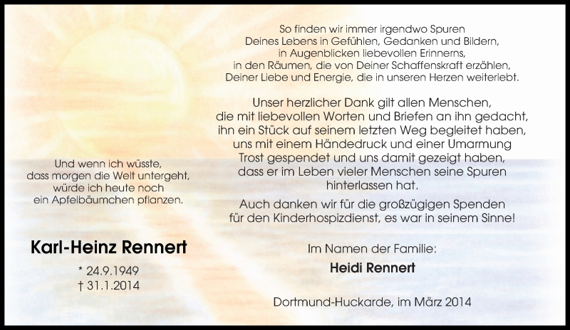  Traueranzeige für Karl-Heinz Rennert vom 05.02.2014 aus Tageszeitung