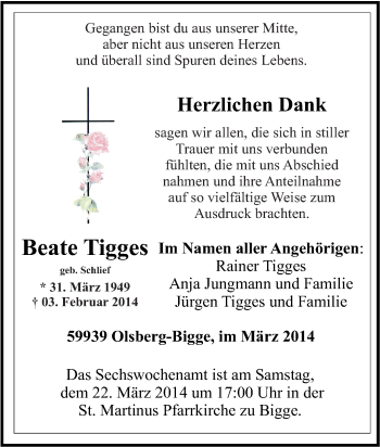 Traueranzeige von Beate Tigges von Tageszeitung