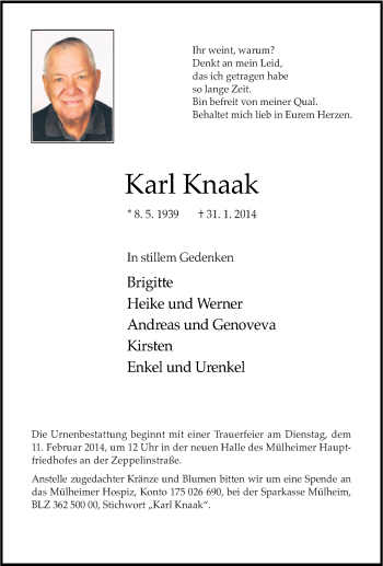 Traueranzeige von Karl Knaak von Tageszeitung