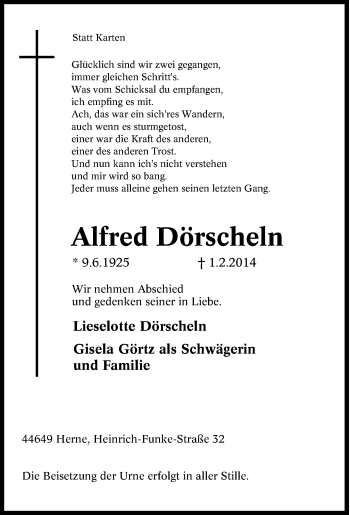 Traueranzeige von Alfred Dörscheln von Tageszeitung