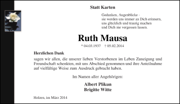 Traueranzeige von Ruth Mausa von Tageszeitung