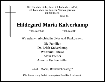 Traueranzeige von Hildegard Maria Kalverkamp von Tageszeitung