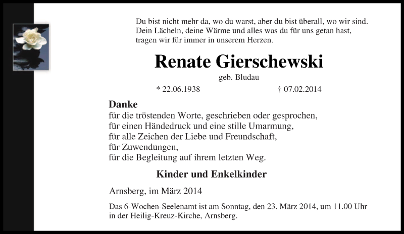 Traueranzeige für Renate Gierschewski vom 08.02.2014 aus Tageszeitung