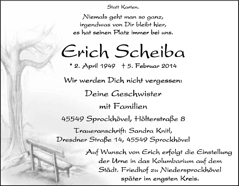  Traueranzeige für Erich Scheiba vom 08.02.2014 aus Tageszeitung