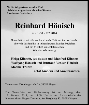 Traueranzeige von Reinhard Hönisch von Tageszeitung