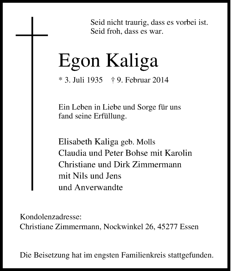  Traueranzeige für Egon Kaliga vom 15.02.2014 aus Tageszeitung