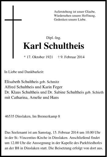 Traueranzeige von Karl Schultheis von Tageszeitung