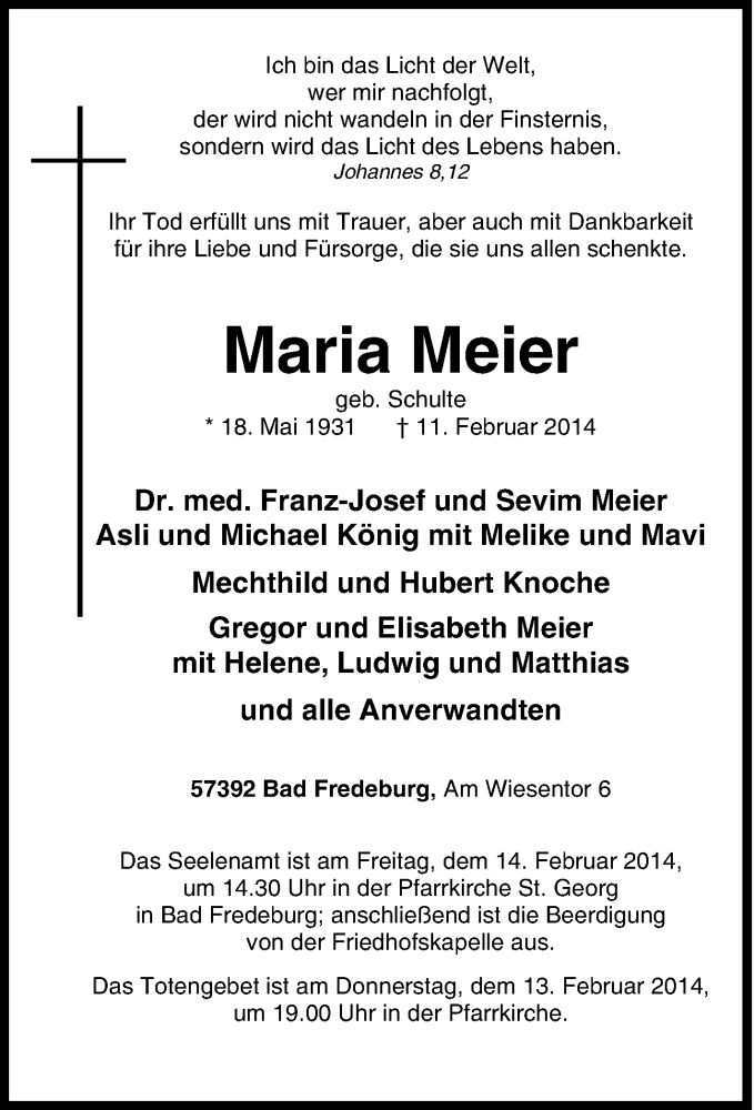  Traueranzeige für Maria Meier vom 12.02.2014 aus Tageszeitung
