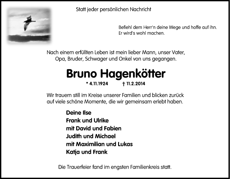  Traueranzeige für Bruno Hagenkötter vom 15.02.2014 aus Tageszeitung