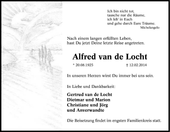 Traueranzeige von Alfred van de Locht von Tageszeitung