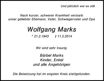 Traueranzeige von Wolfgang Marks von Tageszeitung