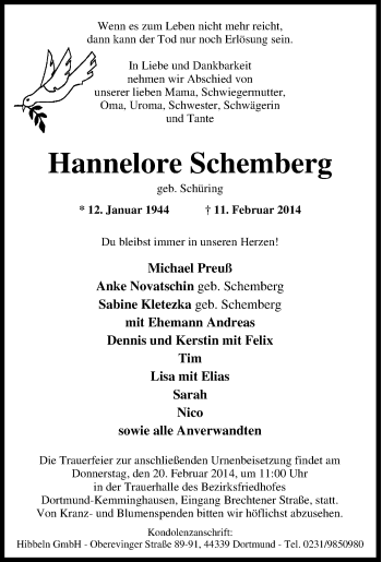 Traueranzeige von Hannelore Schemberg von Tageszeitung