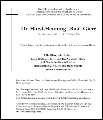 Traueranzeige von Horst-Henning Giere von Tageszeitung