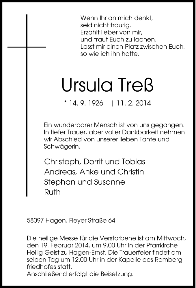  Traueranzeige für Ursula Treß vom 15.02.2014 aus Tageszeitung