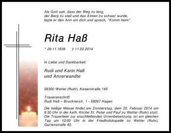 Traueranzeige von Rita Haß von Tageszeitung
