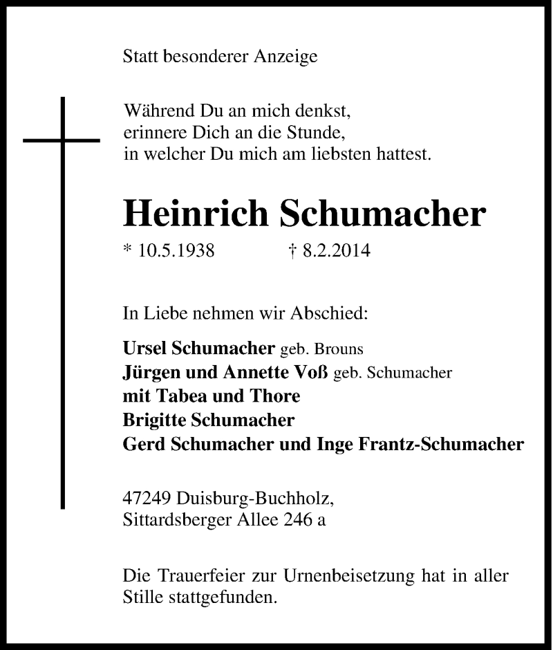 Traueranzeige für Heinrich Schumacher vom 15.02.2014 aus Tageszeitung