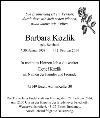 Traueranzeige von Barbara Kozlik von Tageszeitung