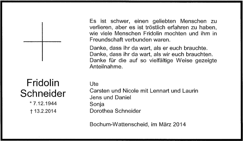  Traueranzeige für Fridolin Schneider vom 18.02.2014 aus Tageszeitung