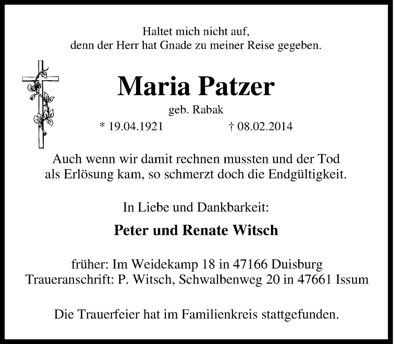  Traueranzeige für Maria Patzer vom 15.02.2014 aus Tageszeitung