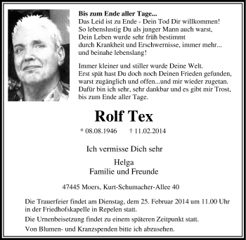 Traueranzeige von Rolf Tex von Tageszeitung