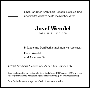 Traueranzeige von Josef Wendel von Tageszeitung
