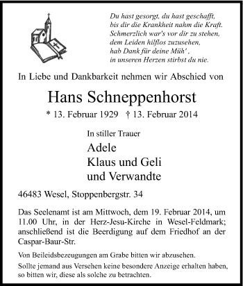 Traueranzeige von Hans Schneppenhorst von Tageszeitung