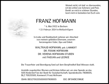 Traueranzeige von Franz Hofmann von Tageszeitung