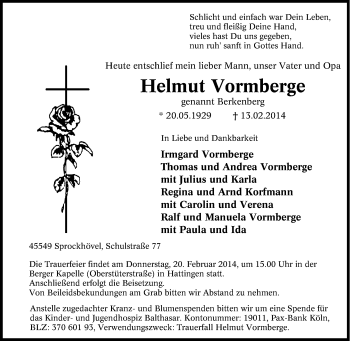 Traueranzeige von Helmut Vormberge von Tageszeitung