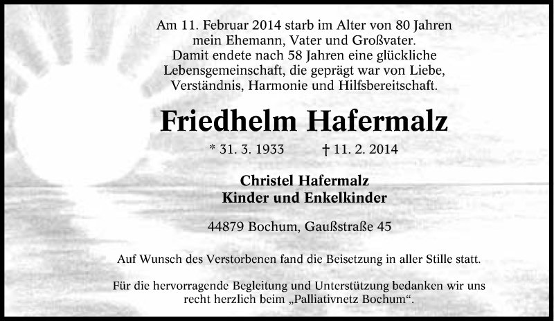  Traueranzeige für Friedhelm Hafermalz vom 19.02.2014 aus Tageszeitung