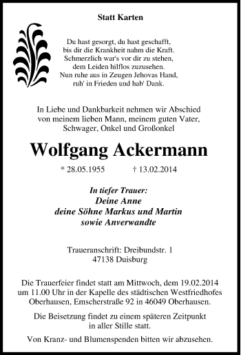 Traueranzeige von Wolfgang Ackermann von Tageszeitung
