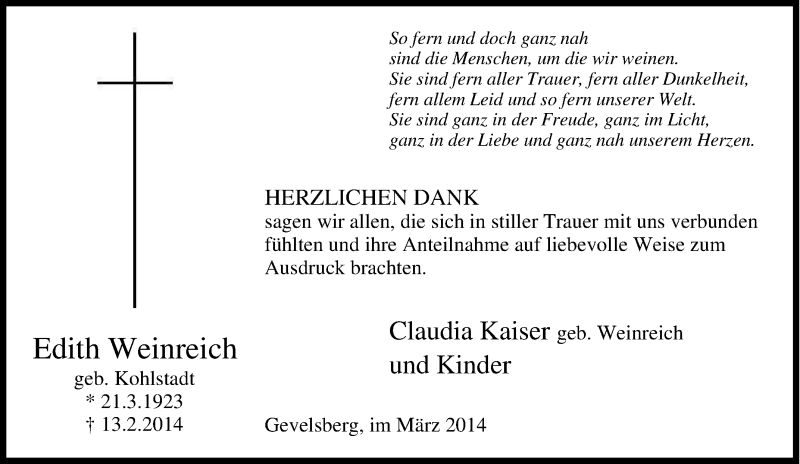  Traueranzeige für Edith Weinreich vom 18.02.2014 aus Tageszeitung