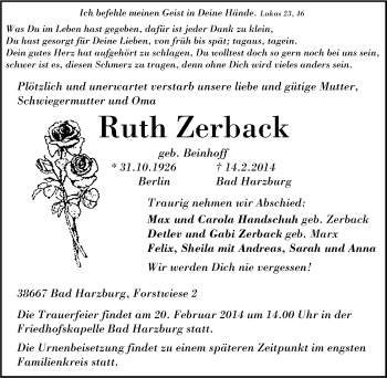 Traueranzeige von Ruth Zerhack von Tageszeitung