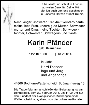 Traueranzeige von Karin Pfänder von Tageszeitung